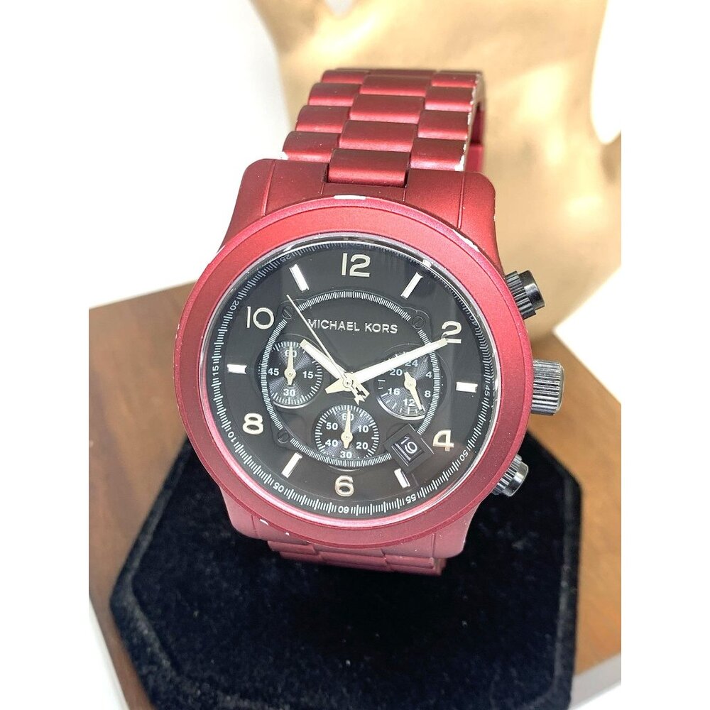 Michael Kors Mens Watch MK9148 Runway Quartz Black Dial Red Stainless Steel 45mm